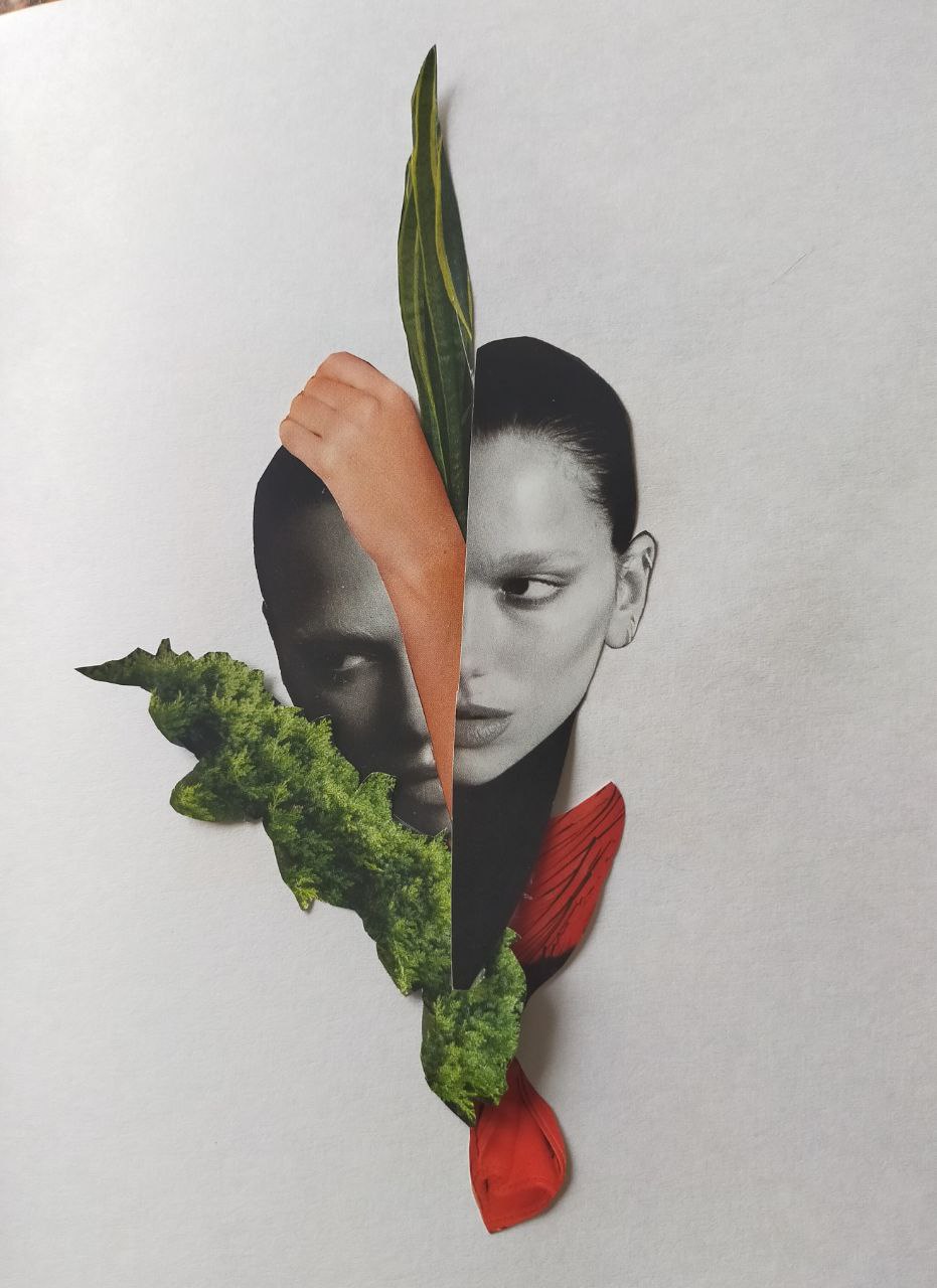 Collage représentant une tête de femme stylisée, décorée de feuillages et éléments végétaux découpés dans du papier recyclé